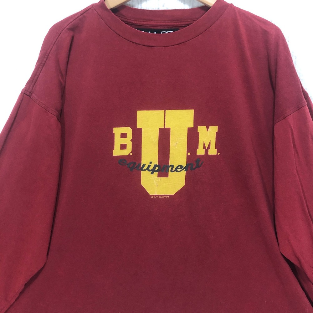 BUM Equipment Mens Long Sleeve Graphic T-Shirt Burgundy Red Vintage 90s Style XL